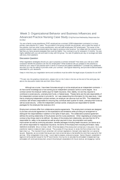 NR 510 Week 3 Case Study; Organizational Behavior & Business Influences & Advanced Practice Nursing (v1)