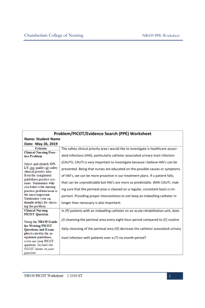 NR439 Week 3 Assignment: Problem/PICOT/Evidence Search PPE Worksheet