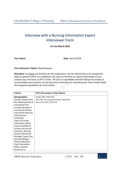 NR 361 Week 6 Assignment; Interview with a Nursing Information Expert