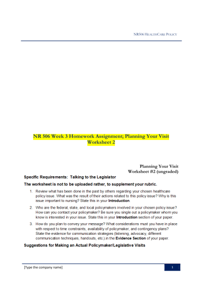 NR 506 Week 3 Homework Assignment; Planning Your Visit Worksheet 2