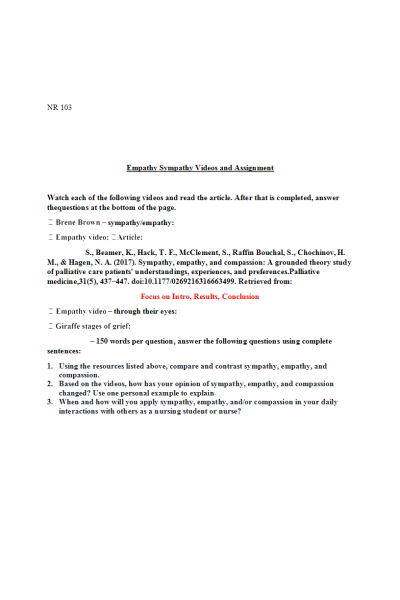 NR 103 Week 8 In Class Activity Assignment; Sympathy and Empathy