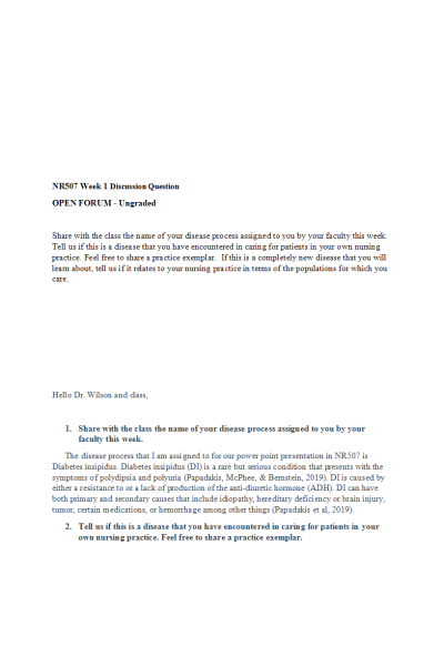 NR 507 Week 1 Open Forum Discussion; Diabetes Insipidus