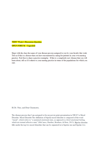 NR 507 Week 1 Open Forum Discussion; Mood Disorder