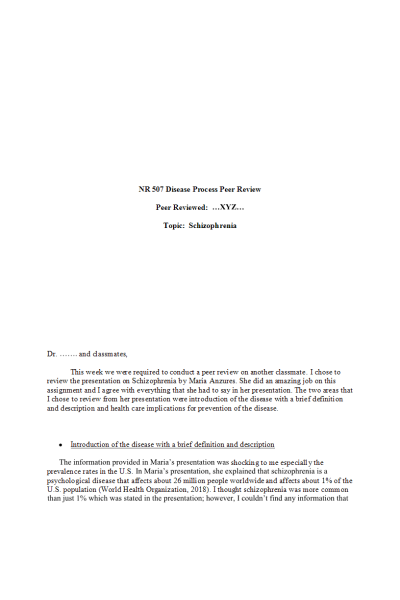 NR 507 Week 7 Disease Process Peer Review; Schizophrenia