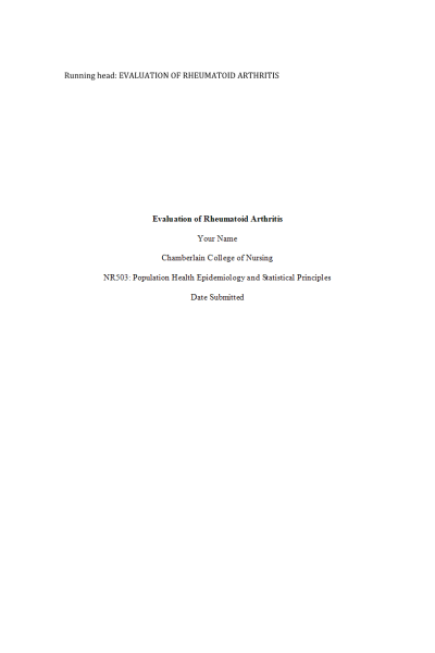 NR 503 Week 6 Assignment; Epidemiological Analysis; Chronic Health Problem - Evaluation of Rheumatoid Arthritis