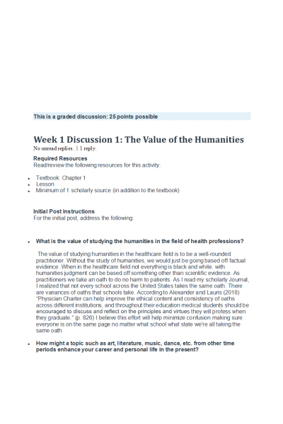 HUMN 303N Week 1 Discussion 1; The Value of the Humanities