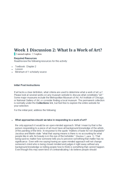 HUMN 303N Week 1 Discussion 2; What Is a Work of Art