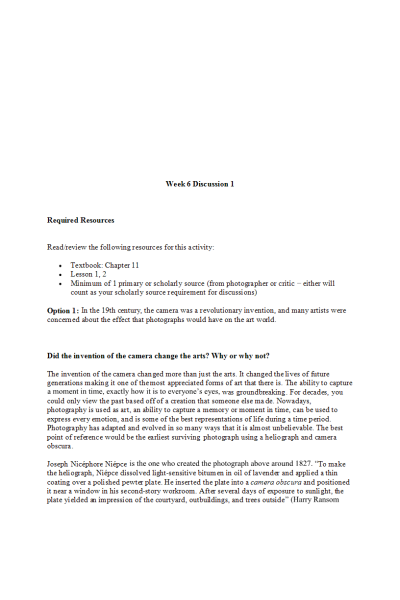 HUMN 303N Week 6 Discussion; Photography and Cinema (Option 1)