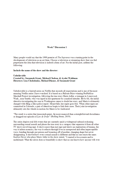 HUMN 303N Week 7 Discussion; TV as Art