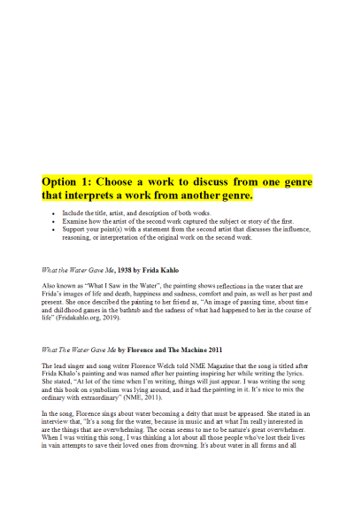 HUMN 303N Week 8 Discussion; Interdisciplinary Works - Option 1: Choose a work to discuss from one genre that interprets a work from another genre