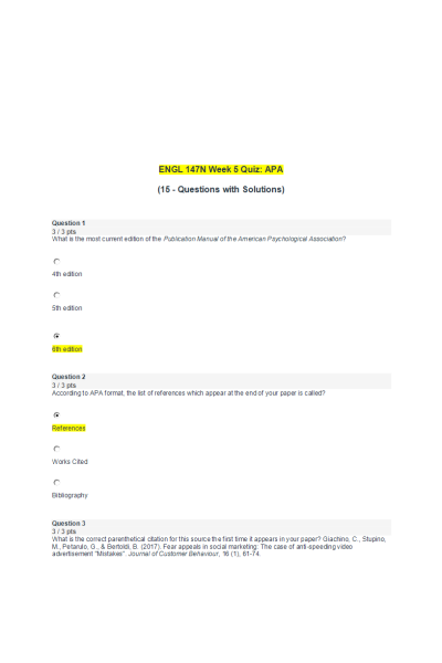 ENGL 147N Week 5 Quiz; APA