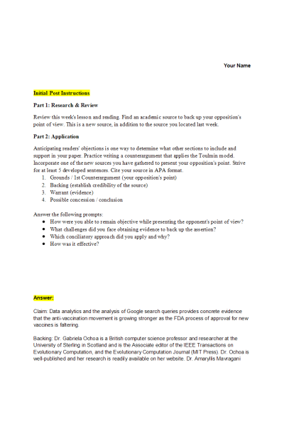 ENGL 147N Week 6 Discussion 1; Rebuttals and Refutations