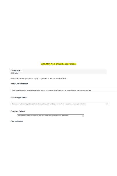 ENGL 147N Week 6 Quiz; Logical Fallacies