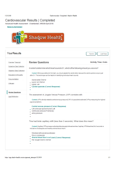 NR 509 Week 4 Cardiovascular Physical Assessment - REVIEW QUESTIONS