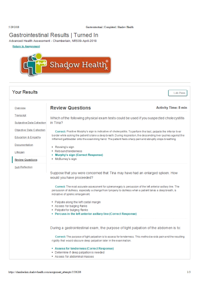 NR 509 Week 5 Gastrointestinal Physical Assessment  - REVIEW QUESTIONS