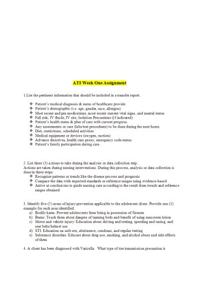 NR 449 Week 3 ATI #1; Nurse Logic Assignment for BEGINNER
