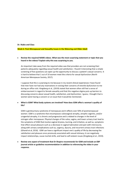 NR 601 Week 6 Discussion; Post-Menopausal and Sexuality Issues in the Maturing and Older Adult (4 Versions)