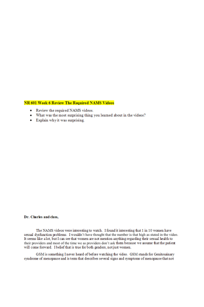 NR 601 Week 6 Review the Required NAMS Videos