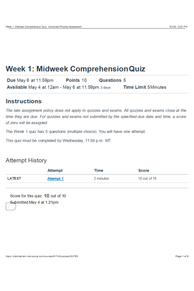 NR 509 Week 1 Midweek Comprehension Quiz (May 2020v1)
