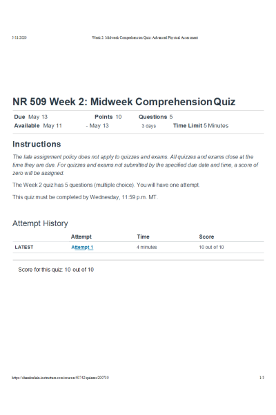 NR 509 Week 2 Midweek Comprehension Quiz (May 2020)