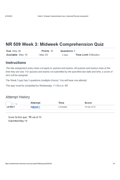 NR 509 Week 3 Midweek Comprehension Quiz (May 2020v1)