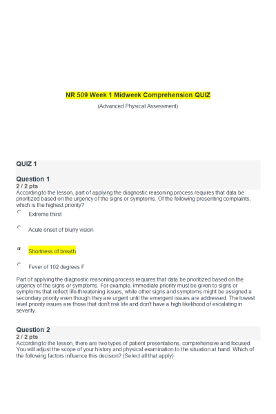 NR 509 Week 1 Midweek Comprehension QUIZ: July 2020v1