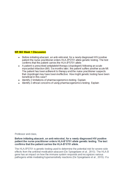 NR 565 Week 1 Discussion Board: Pharmacogenomics (Original Post & Peer Response)