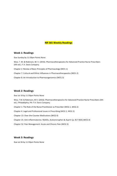 NR 565 Weekly Reading Assignments Weeks 1 - 8