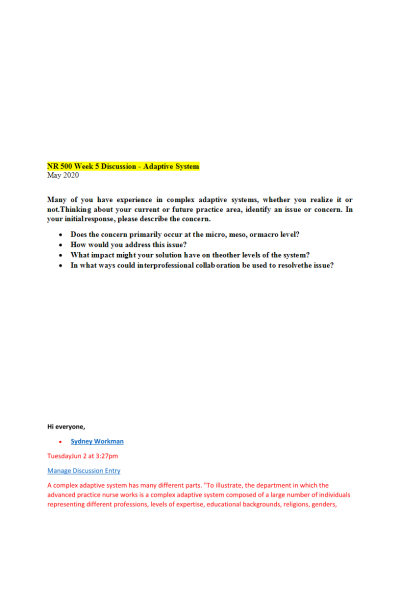 NR 500 Week 5 Discussion; Adaptive System