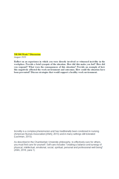 NR 500 Week 7 Discussion; Incivility in Nursing