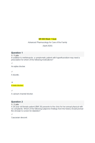 NR 566 Week 1 Quiz; Advanced Pharmacology for Care of the Family