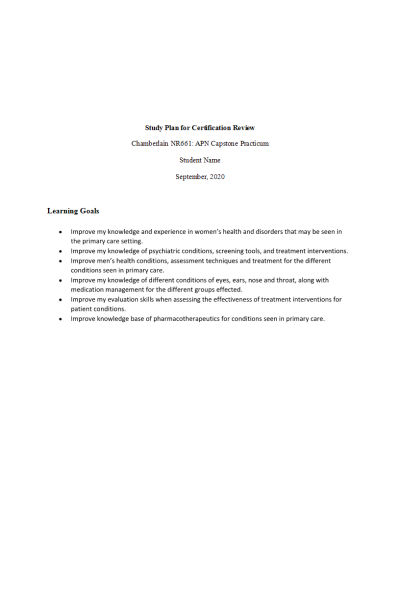 NR 661 Week 1 Assignment; Certification Review Study Plan: August 2020