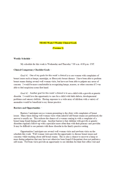 NR 602 Week 5 Weekly Clinical Goals