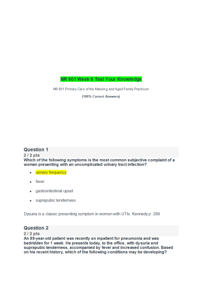 NR 601 Week 6 Test Your Knowledge_Primary Care of the Maturing and Aged Family Practicum: October 2020