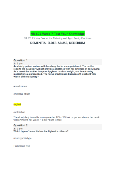 NR 601 Week 7 Test Your Knowledge_Primary Care of the Maturing and Aged Family Practicum: October 2020