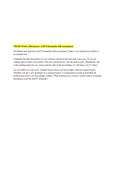 NR 361 Week 1 Discussion; AACN Self-Assessment