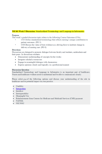 NR 361 Week 3 Discussion; Standardized Terminology and Language in Informatics - Integration