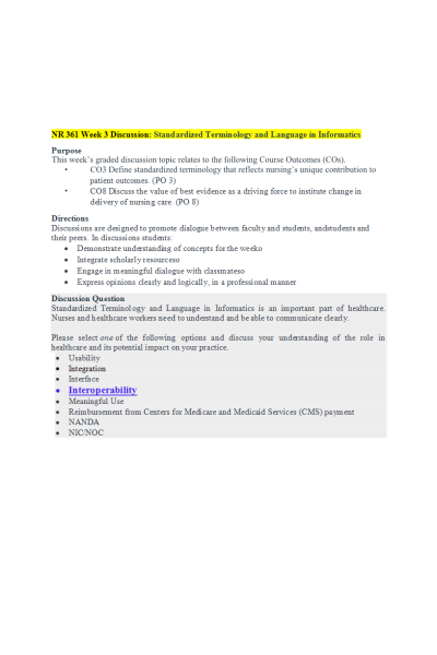 NR 361 Week 3 Discussion; Standardized Terminology and Language in Informatics - Interoperability