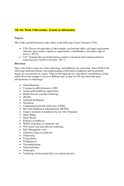 NR 361 Week 5 Discussion: Trends in Informatics - Telenursing