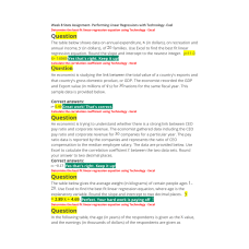 MATH 225N Week 8 Assignment; Performing Linear Regressions with Technology - Exel (Version 1)