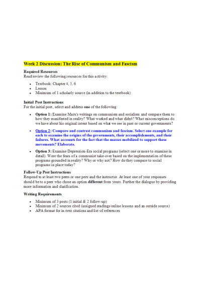 HIST 410N Week 2 Discussion (With Responses); The Rise of Communism and Fascism (Option 2; Compare and Contrast)