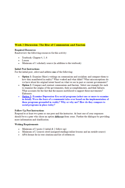 HIST 410N Week 2 Discussion; The Rise of Communism and Fascism (Option 3; Examine Depression-Era Social Programs
