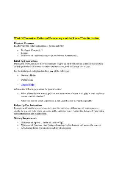HIST 410N Week 3 Discussion; Failure of Democracy and the Rise of Totalitarianism (Option 3; Japan-Tojo)