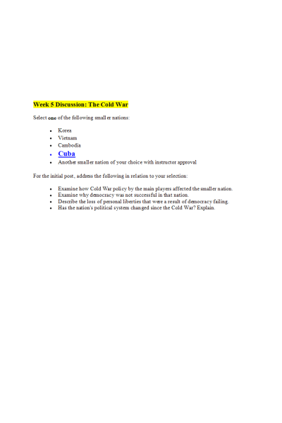 HIST 410N Week 5 Discussion; The Cold War - Cuba