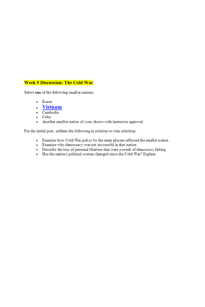 HIST 410N Week 5 Discussion (With Response); The Cold War - Vietnam
