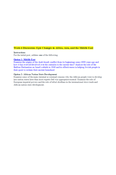 HIST 410N Week 6 Discussion; Epic Changes in Africa Asia and the Middle East (Option 1; Middle East)