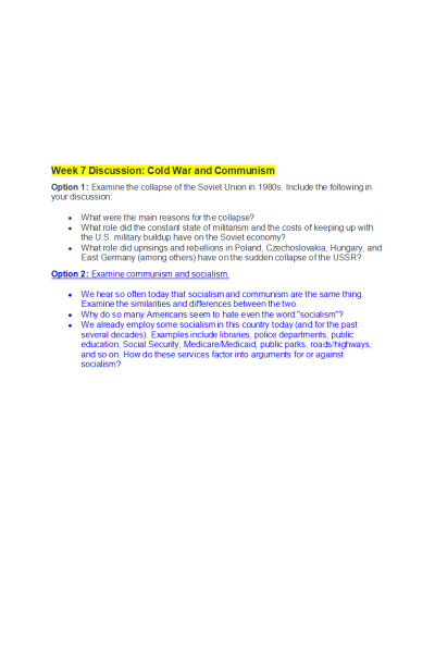 HIST 410N Week 7 Discussion; Cold War and Communism (Option 2; Examine Communism and Socialism)