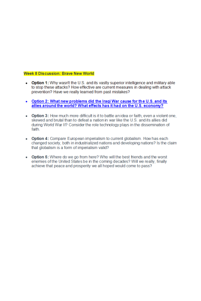 HIST 410N Week 8 Discussion; Brave New World (Option 2; What New Problems Did the Iraqi War Cause)v2