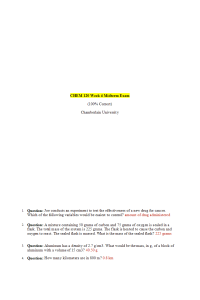 Chem 120 Week 4 Midterm Exam