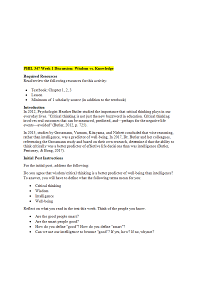 PHIL 347 Week 1 Discussion; Wisdom vs Knowledge